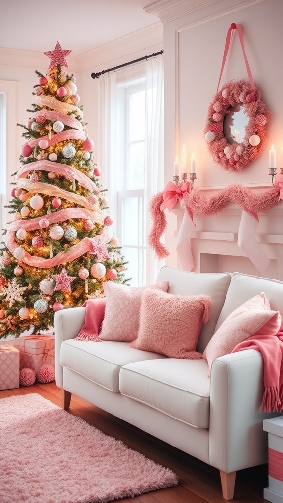 A cozy Christmas room decorated in pink with a pastel tree, pink pillows, and festive garlands.